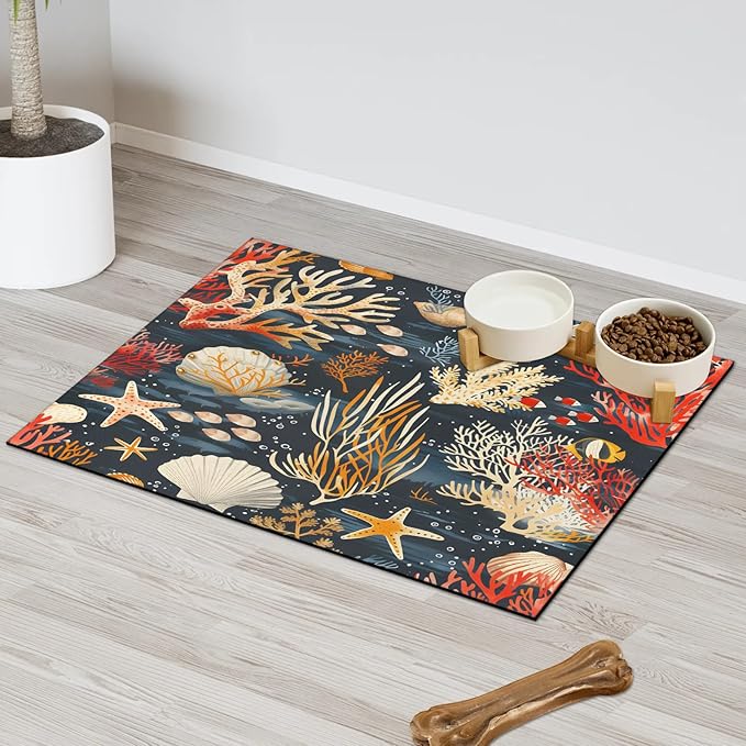 Sea Ocean Dog Food Mat for Floors Absorbent Dog Bowl Mat for Food and Water Dispenser Quick Dry Cat Food Placemat Pet Supplies 17" x 30", Seashell