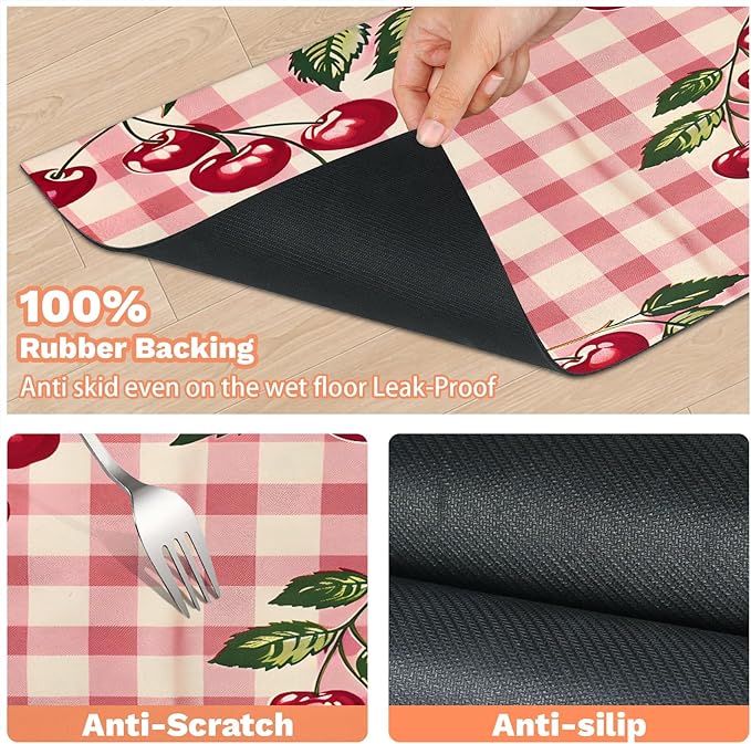 Cherry Fruits Dog Food Mat for Floors Absorbent Dog Bowl Mat for Food and Water Dispenser Quick Dry Cat Food Placemat Pet Supplies 12" x 20", Buffalo Check Plaid