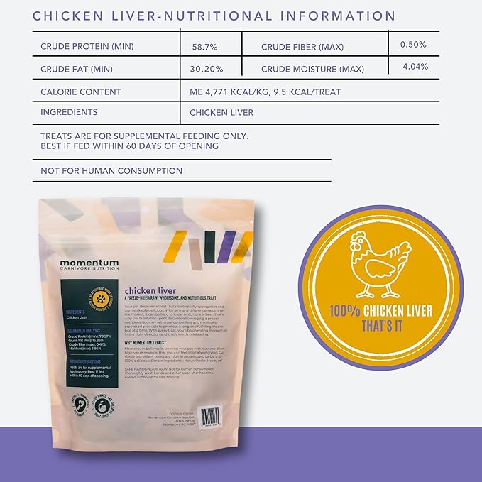 Momentum Carnivore Nutrition Freeze-Dried Chicken Liver Dog Treats & Cat Treats – Single-Ingredient, High-Protein, Grain-Free, Naturally Flavorful – Made in USA – 3.5 oz Bag