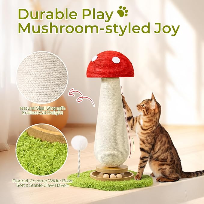 Cat Scratching Post, Mushroom Cat Scratcher with Interactive Ball Track Spring Ball Toys Cute Sisal Scratchers Post for Indoor Adults Kitten with Stable Base