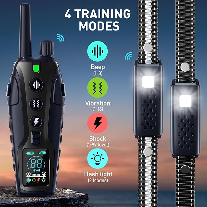 Dog Shock Collar 2 Dogs(15-150lbs) with Flashing Light for Night Walks,4000FT Dog Training Collar Adjustable Pitch Beep(1-8), Vibration(1-16), Safe Shock(1-99), and Keypad Lock