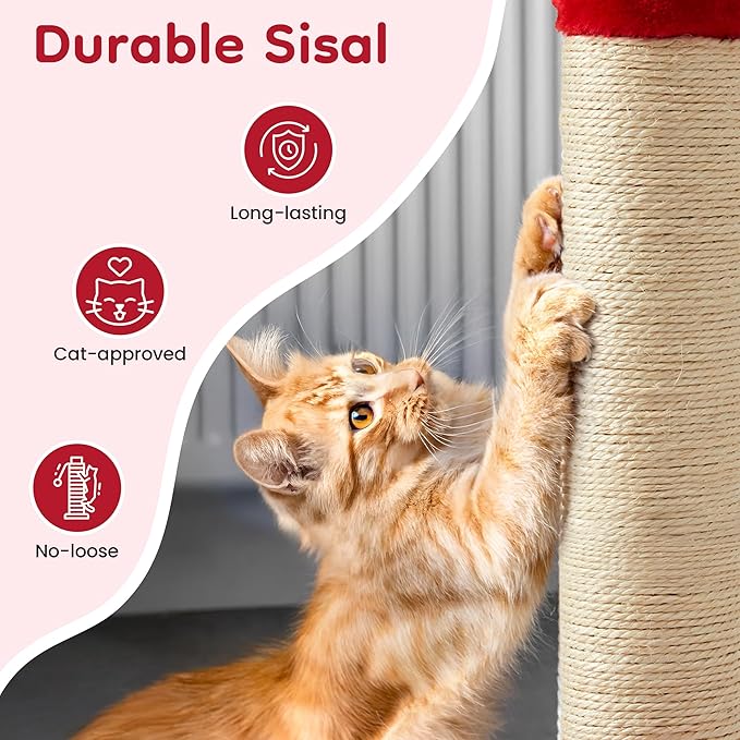 22'' Cat Scratching Post, Cat Scratchers Tree Tower for Indoor Kitty with Extra Wide 13.4" Stable Base, Scratching Post with Natural Sisal & Velvet Fabric for Small, Medium Cat, Red