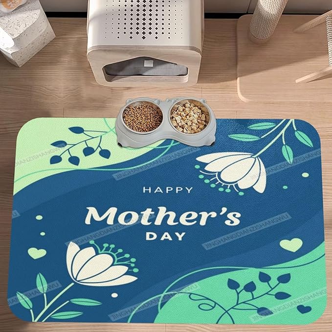 Pet Feeding Mat for Floors Waterproof Dog Mat for Food and Water Happy Mother's Day Floral Gift Mom Green Absorbent Quick Dry Non Slip Mats Cat Bowls 18X12In