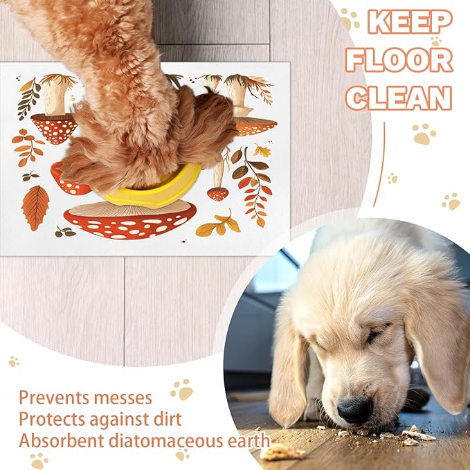 Retro Mushroom Dog Food Mat for Floors Absorbent Dog Bowl Mat for Food and Water Dispenser Quick Dry Cat Food Placemat Pet Supplies 16" x 24", Boho Leave