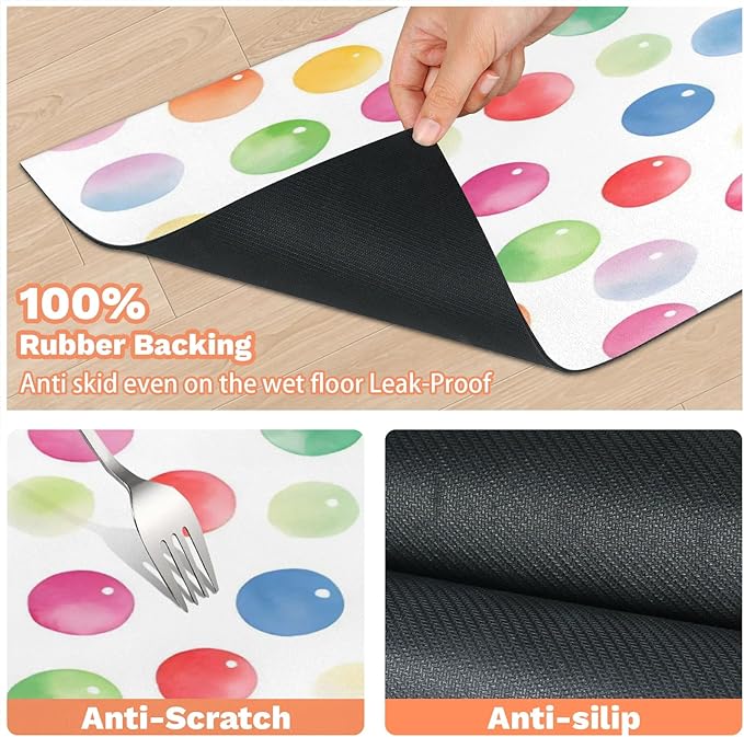 Polka Dot Dog Food Mat for Floors Absorbent Dog Bowl Mat for Food and Water Dispenser Quick Dry Cat Food Placemat Pet Supplies 16" x 24", Rainbow Circle