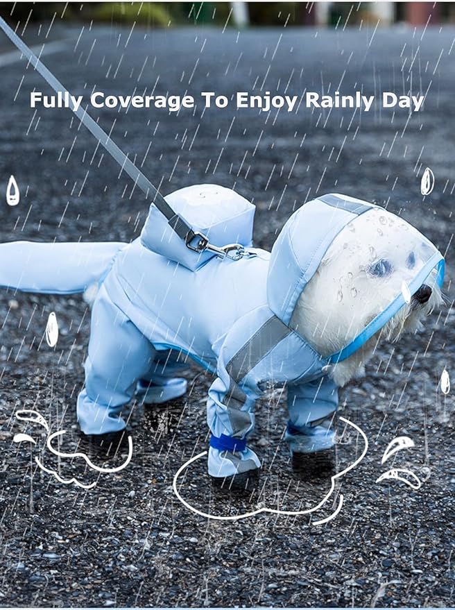 Waterproof Dog Raincoat,Full Coverage 4 Legs Dog Rain Jacket for Small Dogs,Pet Rain Coat with Hood,Reflective Strips&Leash Hole Outdoor Raincoat (Large（for Weight 8.8-11 lb）, Blue)