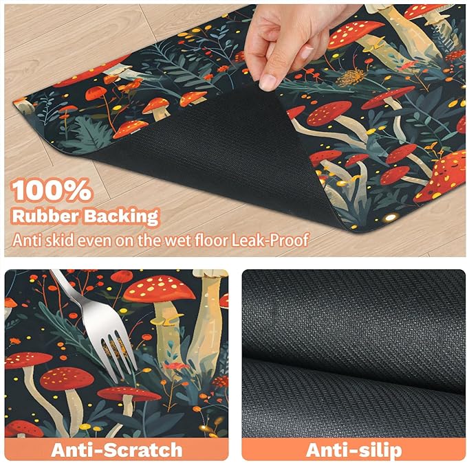 Red Mushroom Dog Food Mat for Floors Absorbent Dog Bowl Mat for Food and Water Dispenser Quick Dry Cat Food Placemat Pet Supplies 24" x 32", Green Leaf