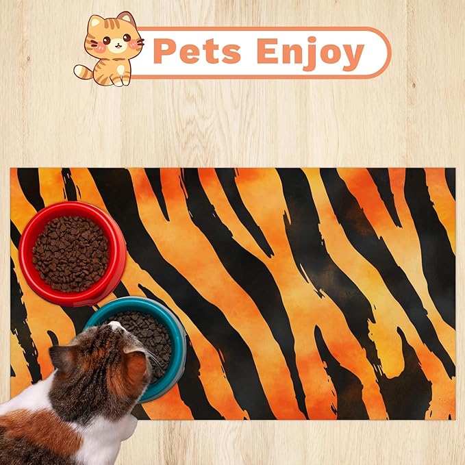 Tiger Print Dog Food Mat for Floors Absorbent Dog Bowl Mat for Food and Water Dispenser Quick Dry Cat Food Placemat Pet Supplies 24" x 32", Orange Leopard