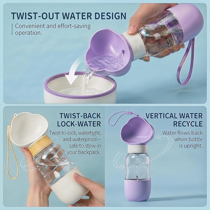 Dog Water Bottle Portable, Built-in Bowl and Dispenser for Dogs, Leak-Proof Bottles for Travel Accessories, Ideal Small Pet Supplies for Puppy Things (White, 11oz No Food Container)
