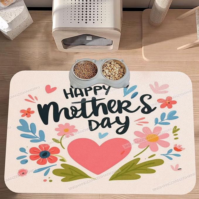 Pet Feeding Mats with Residue Collection Happy Mother's Day Floral Gift for Mom Fo Waterproof Dog Cat Bowl Mat 18X12In with Prevent Water Food Spills