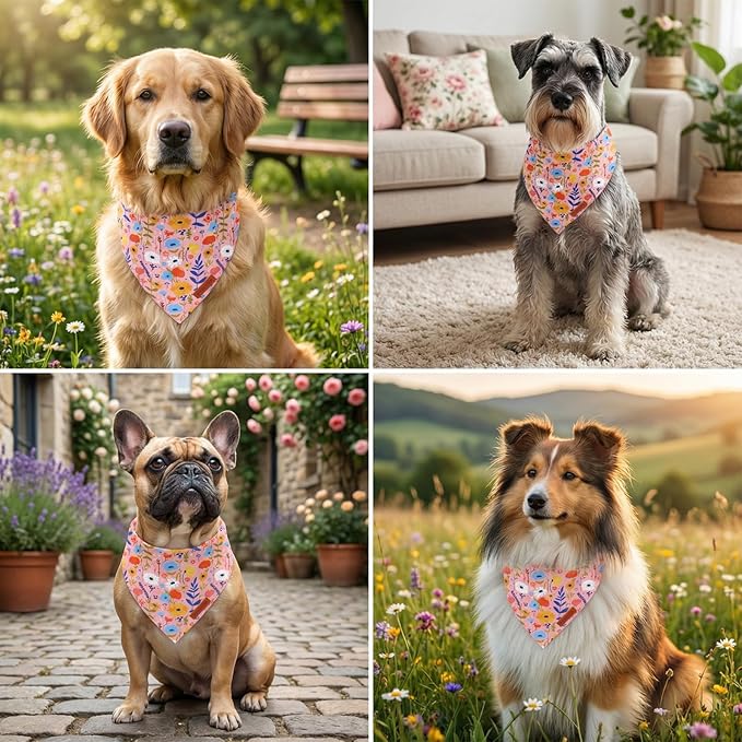 PTDECOR Spring Floral Dog Bandana, Pink Flower Pet Scarf, Premium Durable Fabric, Adjustable Cute Flower Bandanas for Extra Large Dogs (X-Large)