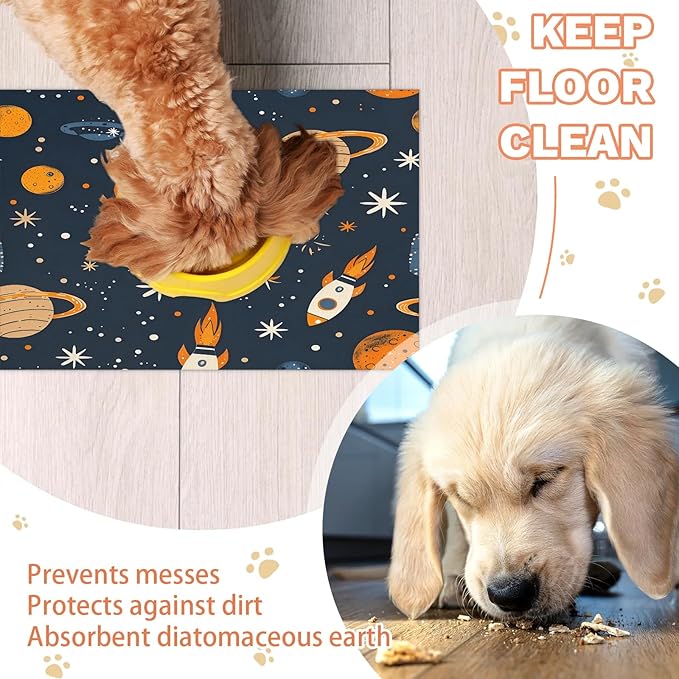Rocket Dog Food Mat for Floors Absorbent, Quick Dry Water Dispenser Mat for Food, Water, Pet Supplies 17" x 30", Starry Sky