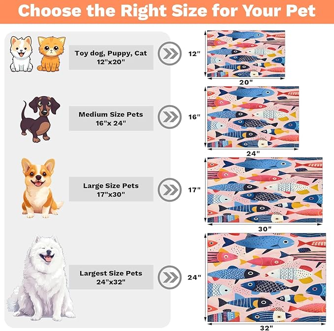 Watercolor Fish Dog Food Mat for Floors Absorbent Dog Bowl Mat for Food and Water Dispenser Quick Dry Cat Food Placemat Pet Supplies 17" x 30", Ocean