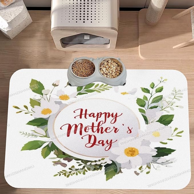 Non Slip Mat for Dog Pet Cat Dog Food Mats Happy Mother's Day Floral Gift for Mom Jk Water Bowl Mat Quick Dry Absorbent Cat Feeding Mats 24x16In