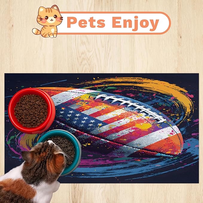 Rugby Football Dog Food Mat for Floors Absorbent, Quick Dry Water Dispenser Mat for Food, Water, Pet Supplies 12" x 20", American Flag
