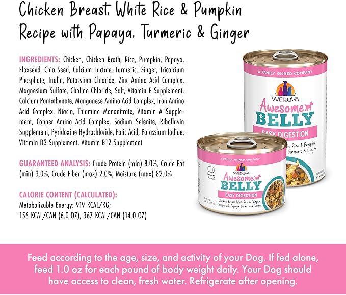 Weruva Awesome Belly Wet Dog Food, Chicken, White Rice & Pumpkin with Papaya, 6oz Can (Pack of 8)