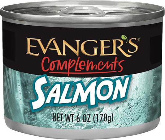 Evanger's Complements Grain Free Salmon for Dogs & Cats – 24 Count, 6 oz Each – Single Protein, Grain & Gluten Free, Rich in Omegas, Protein Rotation, Dry Food Topper