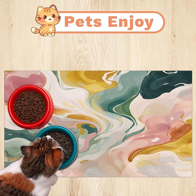 Watercolor Marble Dog Food Mat for Floors Absorbent, Quick Dry Water Dispenser Mat for Food, Water, Pet Supplies 16" x 24", Abstract