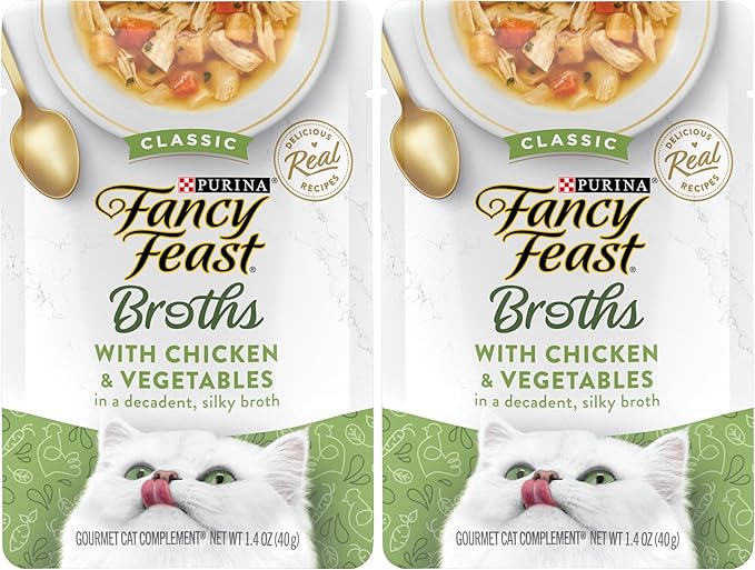 Fancy Feast Purina Lickable Wet Cat Food Broth Topper,Classic with Chicken and Vegetables - 1.4 oz. Pouches,(Pack of 32)