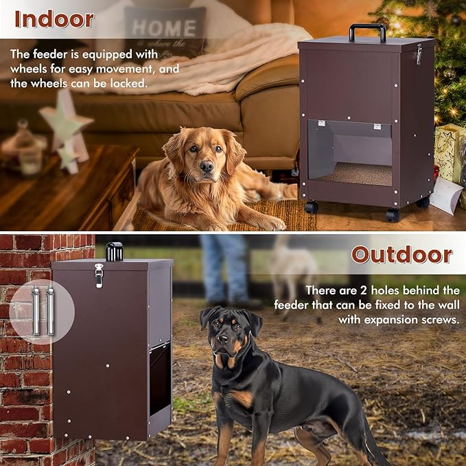 Automatic Dog Feeder Large Breed 30lb Outdoor Dog Food Dispenser for Large Dogs Self Feeding Galvanized Metal Dogs Pets Feeder Gravity Food Feed with Wheels (Brown)