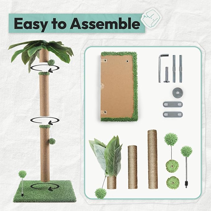Cat Scratching Post, 34'' Tall Cat Scratchers for Indoor Cats with Hanging Balls, Tall Cute Sisal Kitten Scratch Post with Reinforced Stable Base, Green, Medium