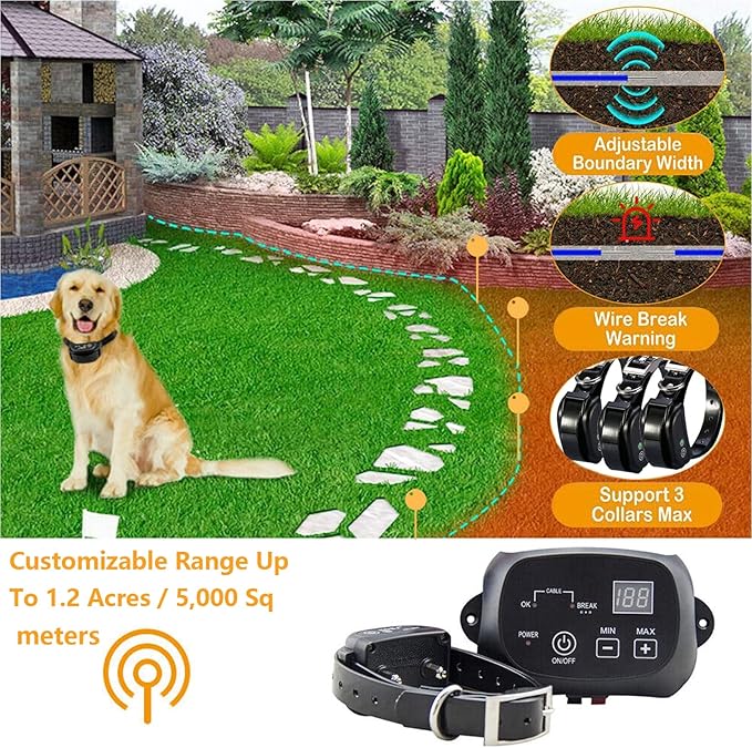 Electric Dog Fence,Aboveground Underground Pet Containment System,Covers up to 3/4 Acre,with Waterproof/Rechargeable Training Collar,Shock/Tone Correction,for 123 Dogs(650 Feet Wire),for3dogs