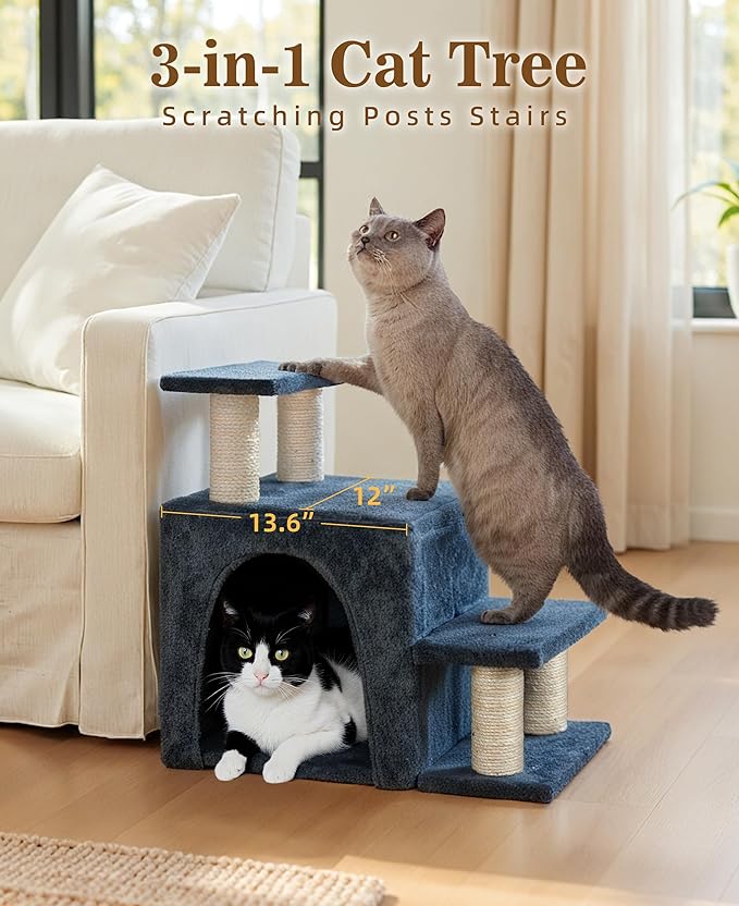 Dog Stairs & Cat Scratching Post, 19.5'' Tall Pet Steps with Condo, Transformable Ramp Holds up to 200 lbs, Indoor Cat Ladder for High Bed, Soft Plush, 3 Steps, 3 Options, Blue Medium