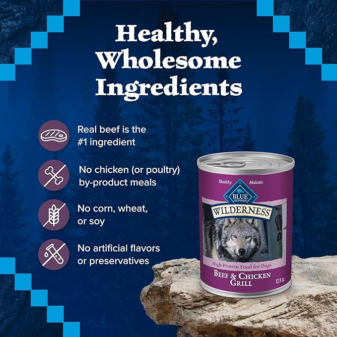 Blue Buffalo Wilderness Adult Wet Dog Food, High-Protein & Grain-Free, Made with Natural Ingredients, Beef & Chicken Grill, 12.5-oz Cans, 12 Count