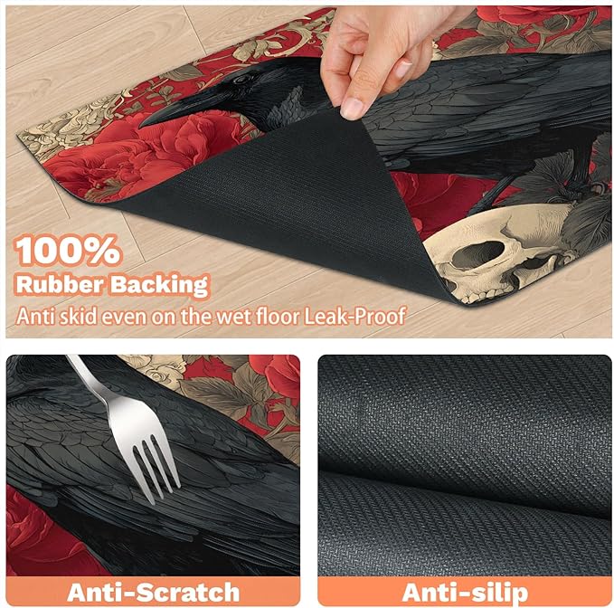 Halloween Raven Dog Food Mat for Floors Absorbent, Quick Dry Water Dispenser Mat for Food, Water, Pet Supplies 12" x 20", Skull Flower