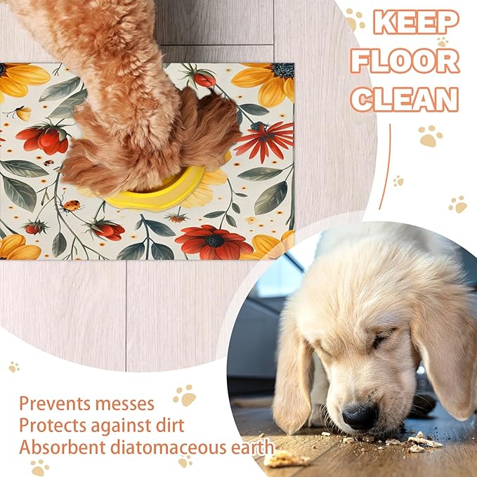 Ladybird Dog Food Mat for Floors Absorbent, Quick Dry Water Dispenser Mat for Food, Water, Pet Supplies 12" x 20", Flower