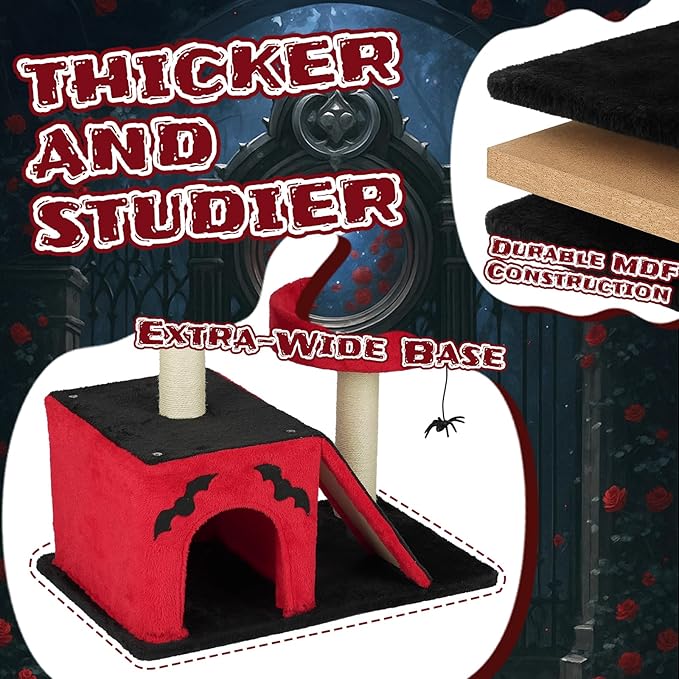 26" Gothic Cat Tree, Cat Tower with Spacious Cat Condo, 2 Padded Perches, Spider Toy, Scratching Posts, Scratching Ladder for Large Cats, Red & Black (60 * 40 * 66CM)