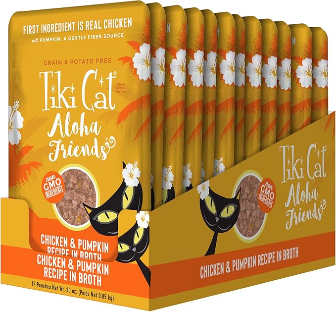 Tiki Cat Aloha Friends, Chicken & Pumpkin, Grain-Free & High Moisture, Wet Cat Food for All Life Stages 2.5 oz. Pouch (12 Count)