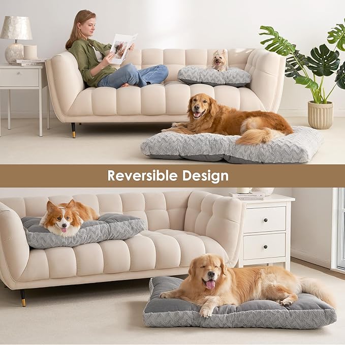 EHEYCIGA XXL Washable Dog Bed for Crate 47x29 Inch, Reversible Kennel Pad for Extra Large Dogs Weight Up to 100 lbs, Plush and Comfy Pet Sleeping Mat, Grey