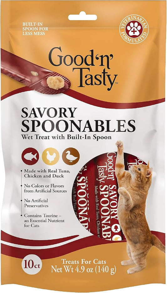 Good 'n' Tasty Savory Spoonables with Real Tuna, Chicken and Duck for Cats, 10 Count, Treat Your Cat to Triple Flavor Squeezable Lickable Wet Treats with Built-in Spoon for Less Mess