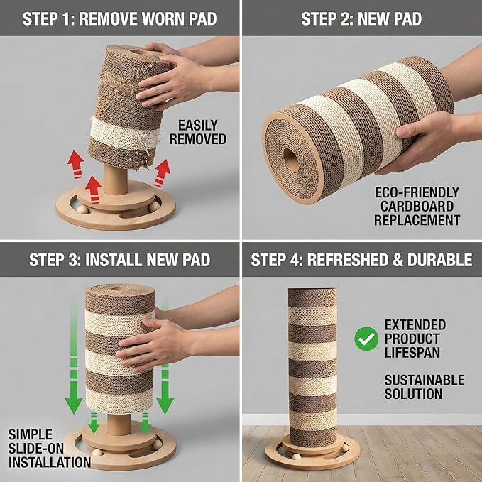 24” Cat Scratching Post – Vertical Cardboard Cat Scratcher for Indoor Cats & Kittens, Modular Replaceable Blocks, Stable Base Cat Post, Space-Saving Scratching Post Tower