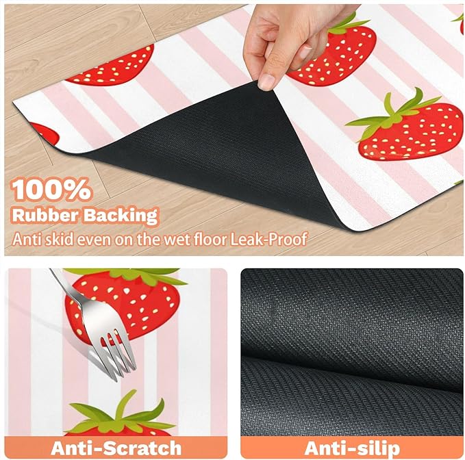 Red Strawberry Dog Food Mat for Floors Absorbent Dog Bowl Mat for Food and Water Dispenser Quick Dry Cat Food Placemat Pet Supplies 24" x 32", Pink Stripe