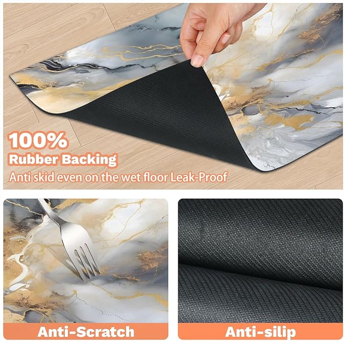 Grey Marble Dog Food Mat for Floors Absorbent, Quick Dry Water Dispenser Mat for Food, Water, Pet Supplies 12" x 20", Gold Abstract