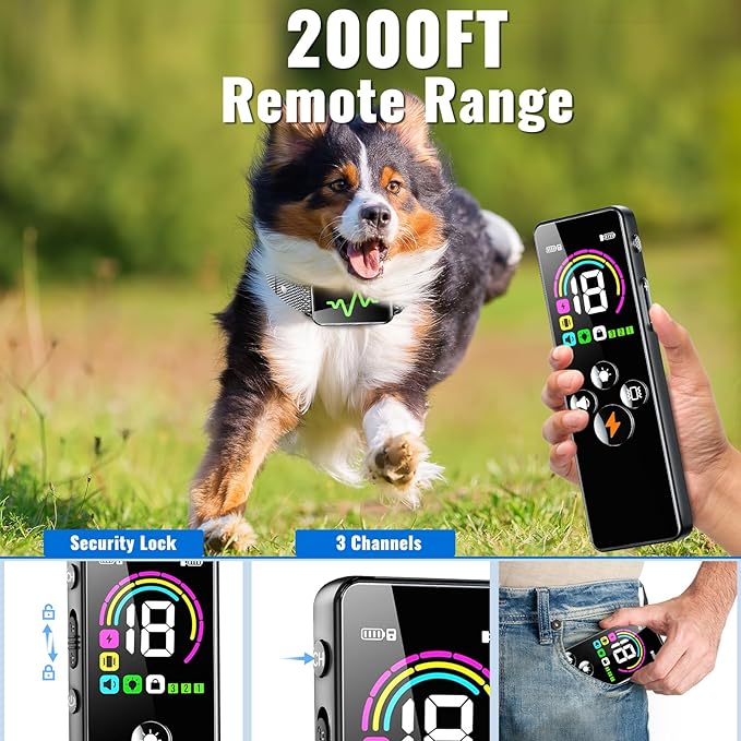 Dog Training Collar, Dog Shock Collar with Remote Control, 4 Training Modes Vibration, Beep, Shock, IP67 Waterproof Keypad Lock Rechargeable E-Collar for All Breed