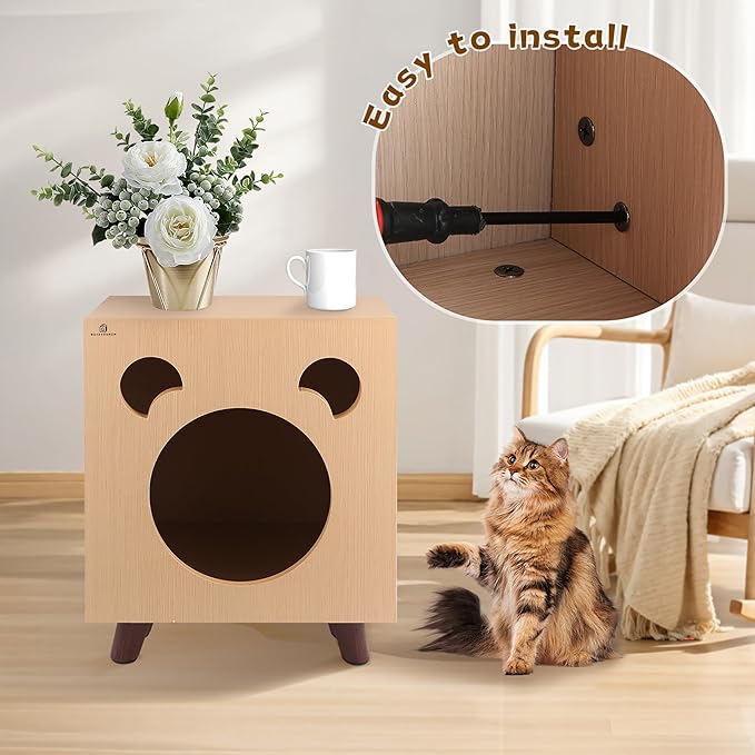 Cat End Table Aluminum Bed Table, Nightstand, Cat Houses for Indoor and Outdoor with Cabinet Legs and Countertop, Weatherproof, Burlywood