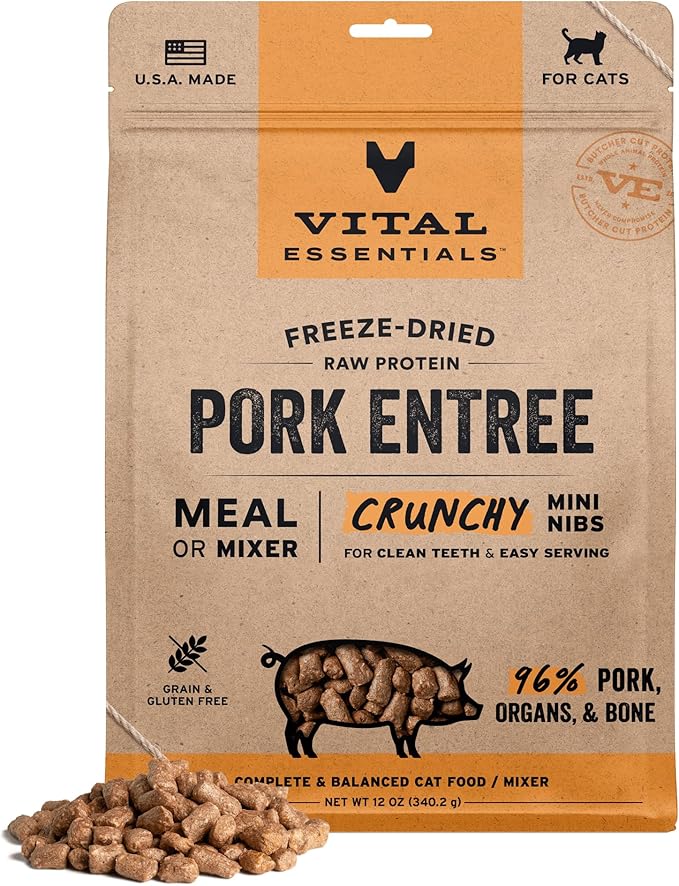 Vital Essentials Freeze Dried Cat Food, Raw Pork Crunchy Mini Nibs | Complete Meal or Topper | 96% Pork, Organs & Bone | Limited Ingredient, High Protein, Grain Free Dry Cat Food | 12 oz Bag