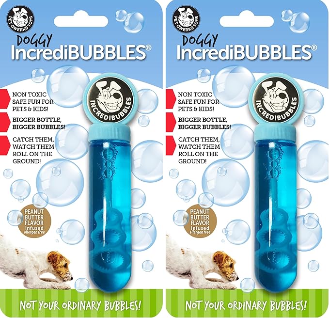 Pet Qwerks Incredibubbles Interactive Pet Toys - Long Lasting Edible Bubbles for Dogs & Cats - Peanut Butter Flavor - 38 ML, All Breed Sizes (Pack of 2)