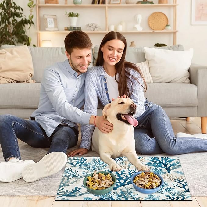 Nautical Coastal Dog Food Mat for Floors Absorbent Dog Bowl Mat for Food and Water Dispenser Quick Dry Cat Food Placemat Pet Supplies 24" x 32", Watercolor Coral