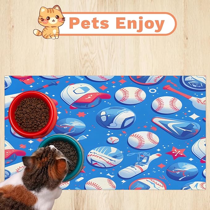 Baseball Dog Food Mat for Floors Absorbent, Quick Dry Water Dispenser Mat for Food, Water, Pet Supplies 17" x 30", 4th of July