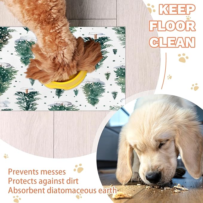 Christmas Tree Dog Food Mat for Floors Absorbent, Quick Dry Water Dispenser Mat for Food, Water, Pet Supplies 17" x 30", Winter Xmas