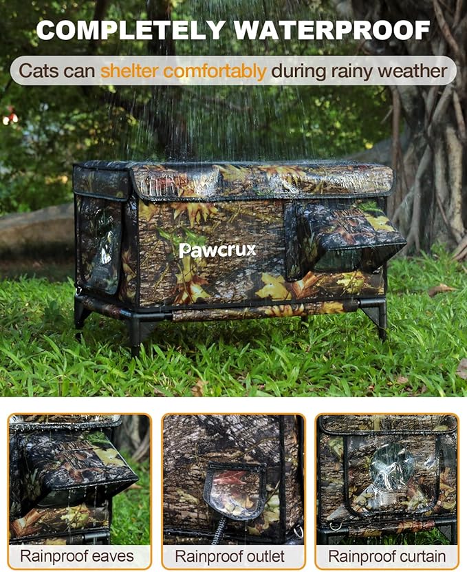Weatherproof Heated Cat House for Outdoor in Winter, Heated Cat Bed Kitty Shelter with Cat Heating Pad, Insulated & Safe Escape Door, Warm House for Outside Stray Cat (Leaf Color, 12"x16"x16")