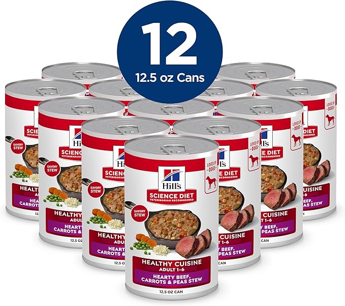 Hill's Science Diet Healthy Cuisine, Adult 1-6, Great Taste, Wet Dog Food, Braised Beef, Carrots & Peas Stew, 12.5 oz Can, Case of 12