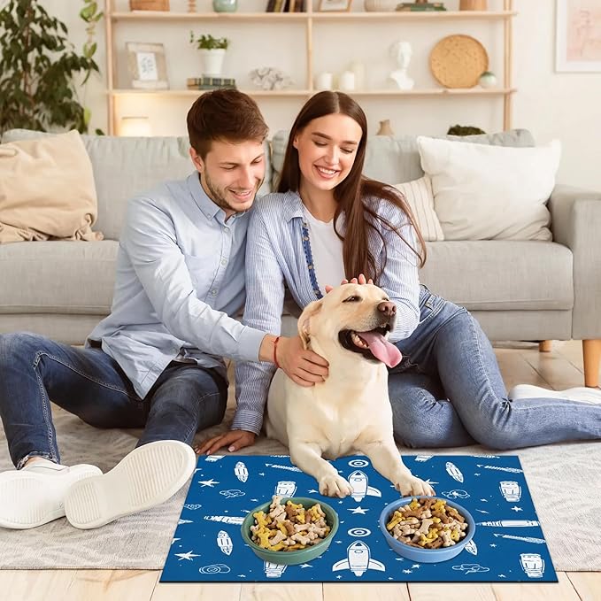 Outer Space Dog Food Mat for Floors Absorbent, Quick Dry Water Dispenser Mat for Food, Water, Pet Supplies 12" x 20", Cartoon Rocket