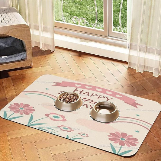 Pet Feeding Mat Happy Mother's Day Floral Gift for Mom Gb Absorbent Pet Placemat for Food Water Bowl with Waterproof Rubber Backing 24x16In Quick Dry Water Dispenser Mat Dog Cat