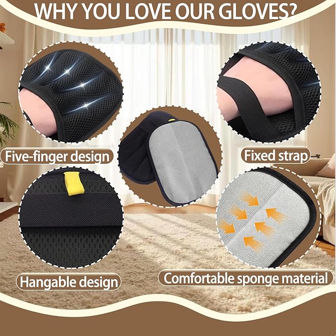 Pet Hair Remover Glove - Reusable Electrostatic Five-Finger Gloves for Cat/Dog Hair Removal on Furniture, Carpet & Clothes (2PCS)
