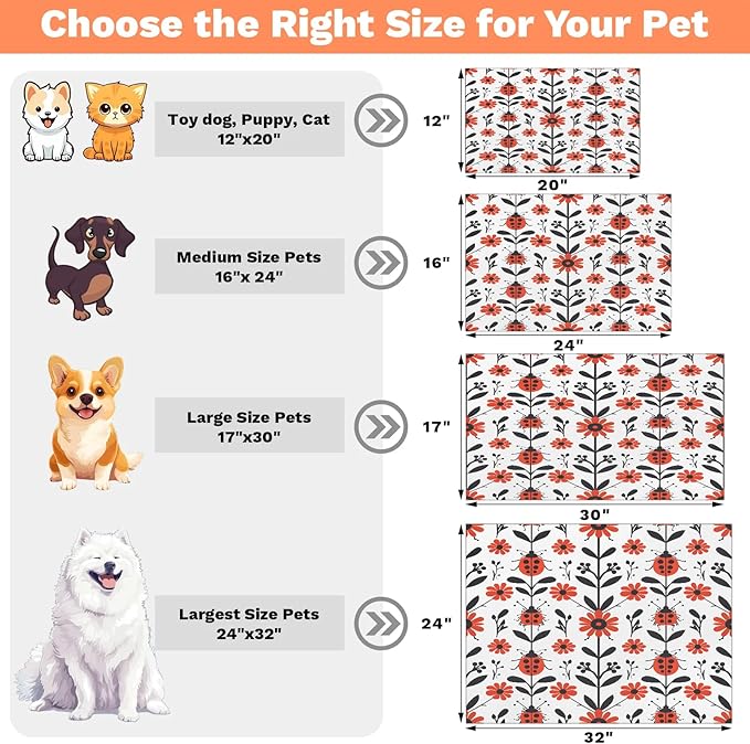Boho Floral Dog Food Mat for Floors Absorbent, Quick Dry Water Dispenser Mat for Food, Water, Pet Supplies 24" x 32", Red Ladybird